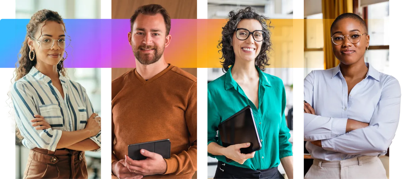 Four diverse professionals, two women and two men, stand confidently indoors, each holding a tablet or notebook, with a colorful gradient background.