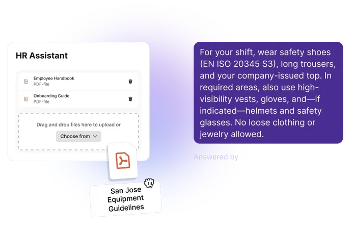 Staffbase HR Assistant answering a safety equipment question using the San Jose Equipment Guidelines — returning specific PPE requirements including EN ISO 20345 S3 safety shoes, high-visibility vests, and gloves, sourced from the correct location-specific document rather than a company-wide guess