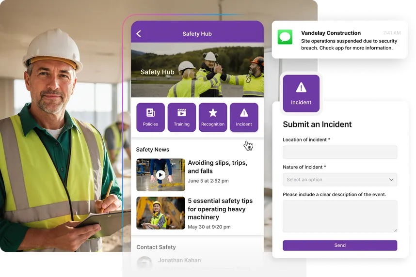 A construction worker holding a tablet displaying a safety app interface, with options for policies, training, and incident reporting.