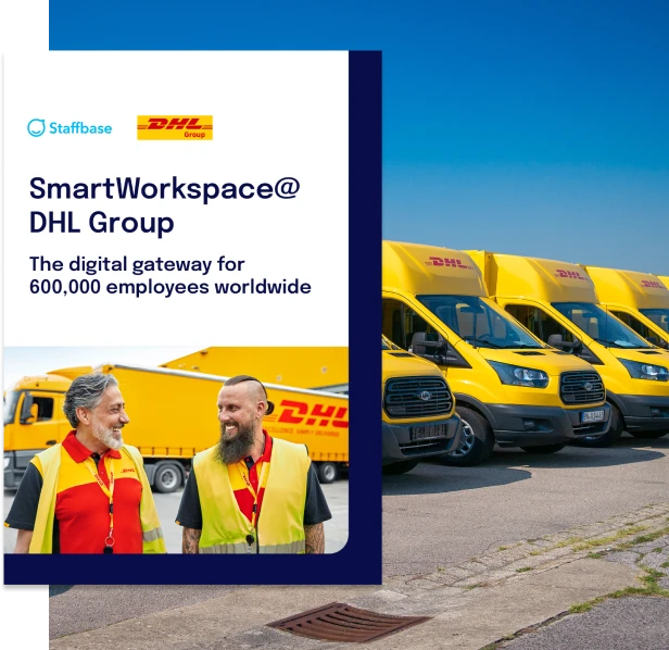 Two DHL employees in uniform smiling in front of yellow DHL delivery vans under a clear blue sky. Text reads "SmartWorkspace@ DHL Group."