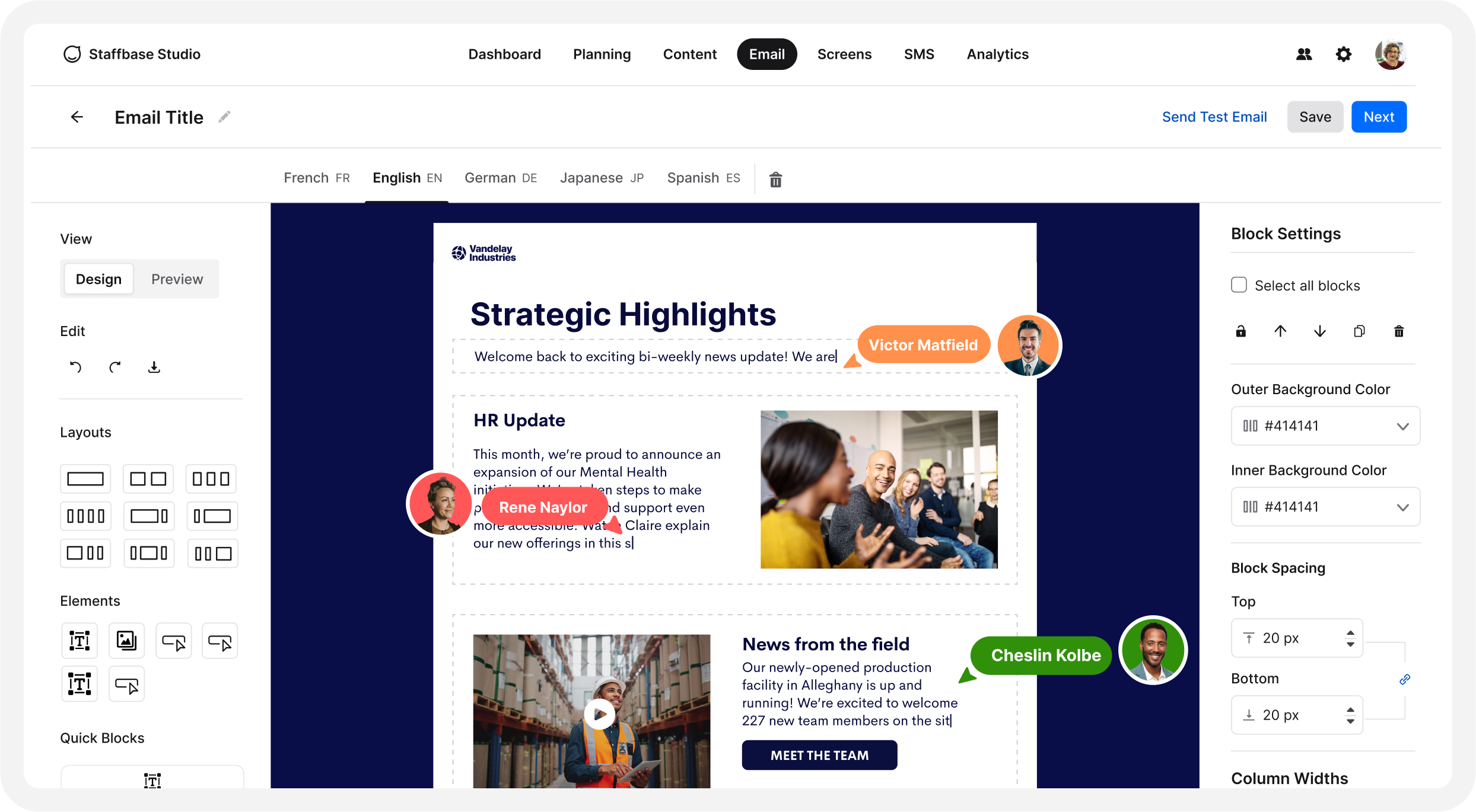 Staffbase Email Preview with multiple users editing in real time.