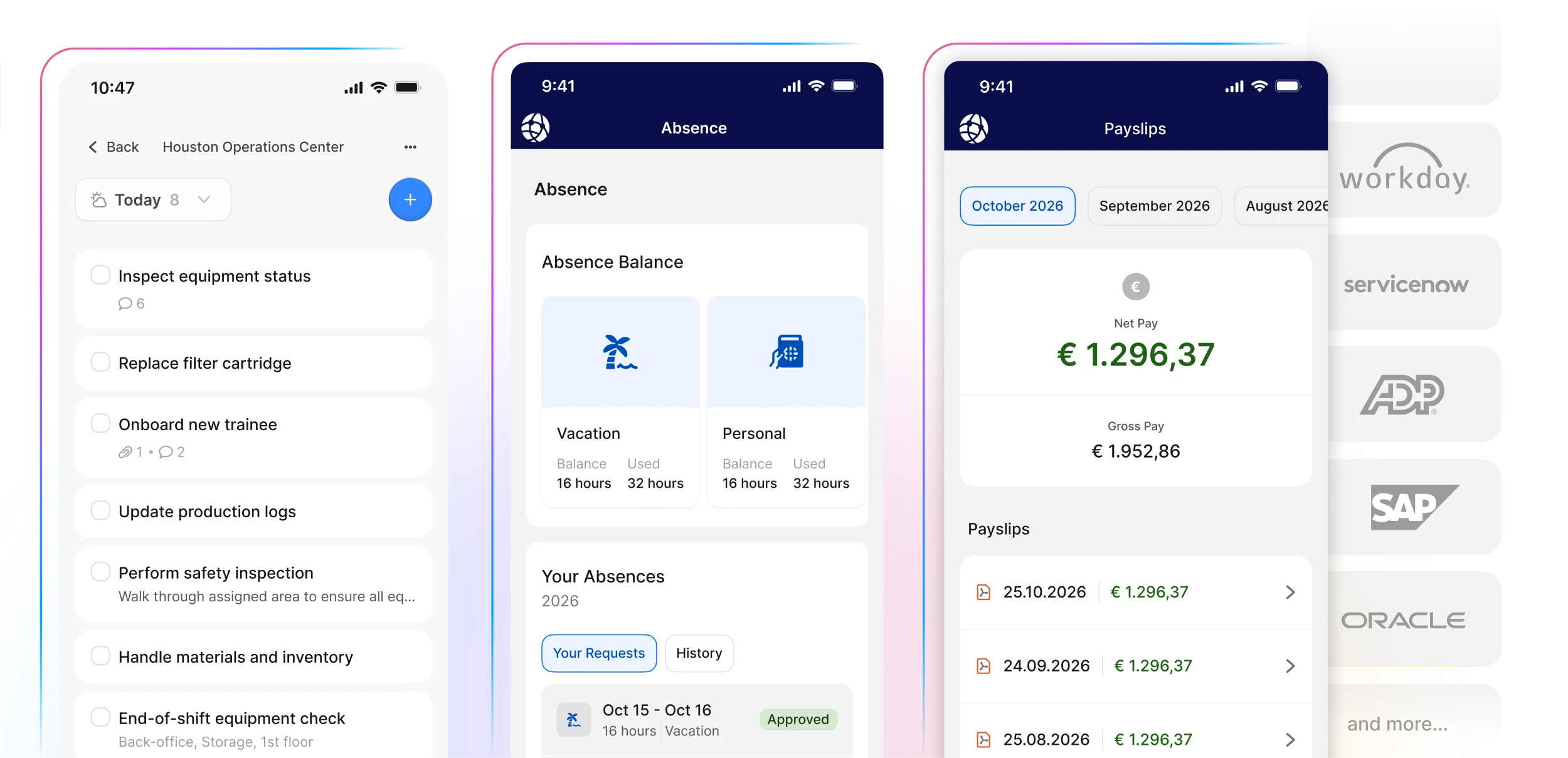 Three mobile app screens showing task management, absence balance, and payslip details, with company logos partially visible on the right.