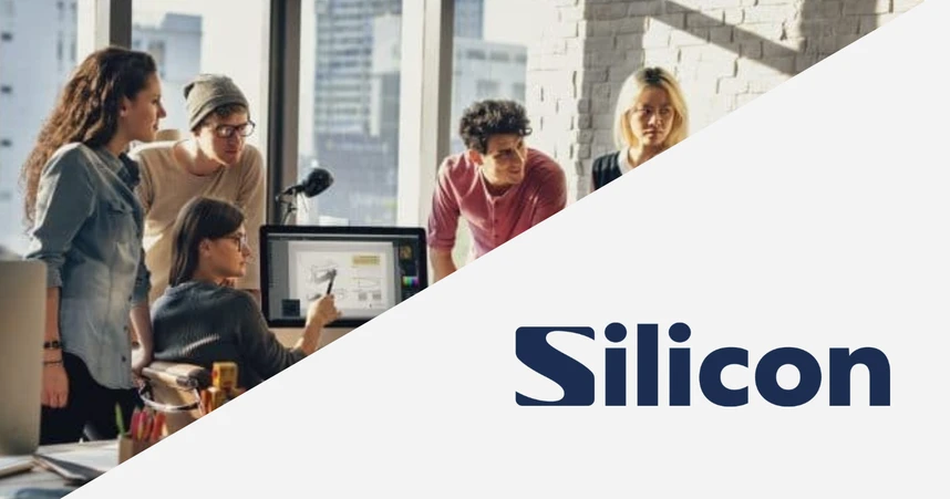 Group of young professionals collaborating at a computer in an office; "Silicon" text in bold on the right.