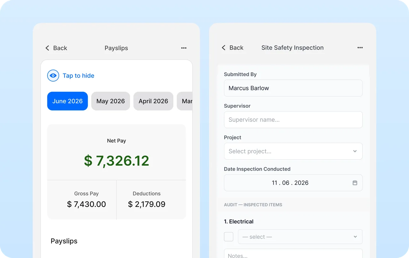 Staffbase mobile screens showing a payslips view with net pay breakdown and a Site Safety Inspection form with supervisor and audit fields