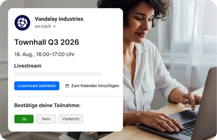 Mobile Benachrichtigung zur Townhall Q3 2026 mit Livestream-Button und bestätigter Teilnahme Title: Staffbase Event-Benachrichtigung mit Teilnahmebestätigung
