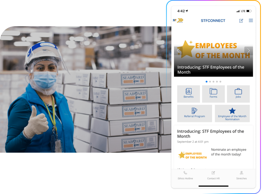 A worker in a factory setting gives a thumbs up near stacked boxes. A smartphone displays an employee recognition app.