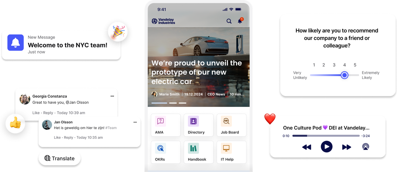 Smartphone interface showing company updates, messages, survey, and podcast features. Includes a message welcoming someone to the NYC team.