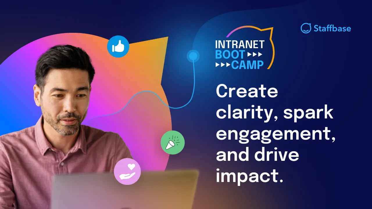 Man at laptop with colorful graphics, including a thumbs-up, heart, and megaphone, alongside text: "Create clarity, spark engagement, and drive impact."