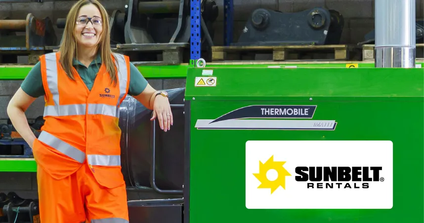 A woman in a high-visibility vest stands beside green equipment labeled "Thermobile," with a Sunbelt Rentals logo visible.