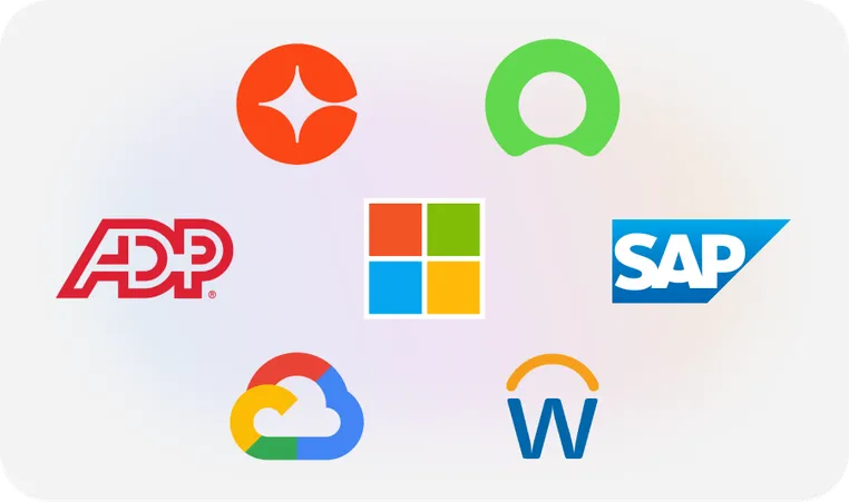 Logos of Microsoft, ADP, SAP, Workday, Google Cloud, Cornerstone, and ServiceNow arranged in a circular pattern on a light background.