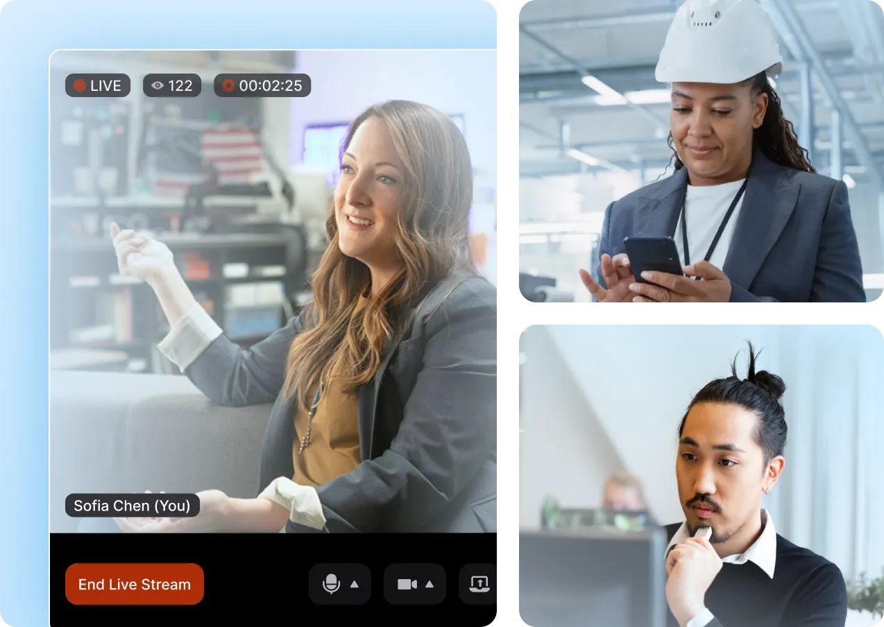 A businesswoman speaking on a live video call, a worker in a hard hat using a phone, and a thoughtful man sitting at a desk.