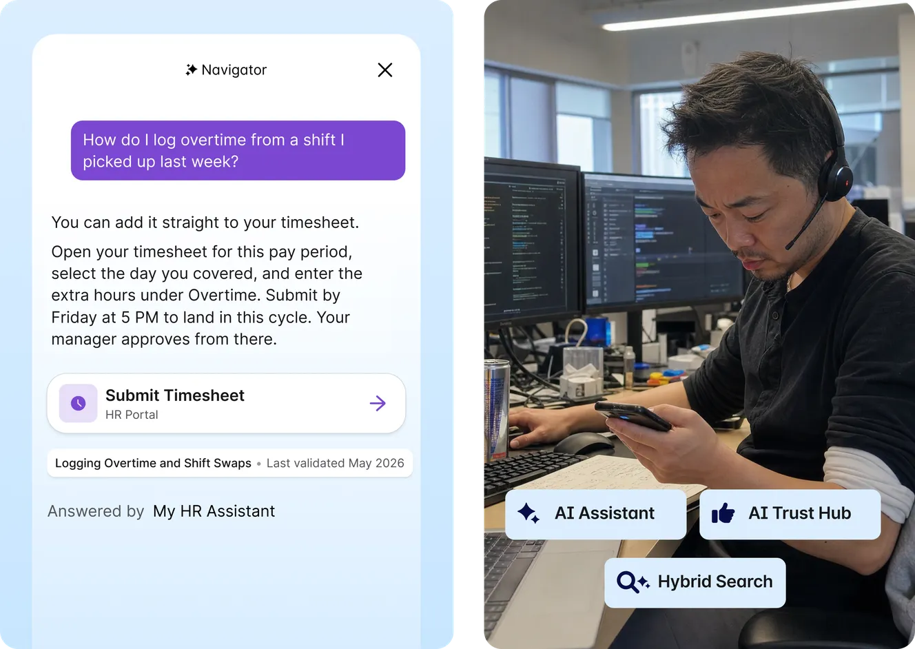 Staffbase Navigator AI assistant answering an overtime logging question with a link to Submit Timesheet in the HR Portal; alongside a man wearing a headset at a desk holding a smartphone, with AI Assistant, AI Trust Hub, and Hybrid Search features visible