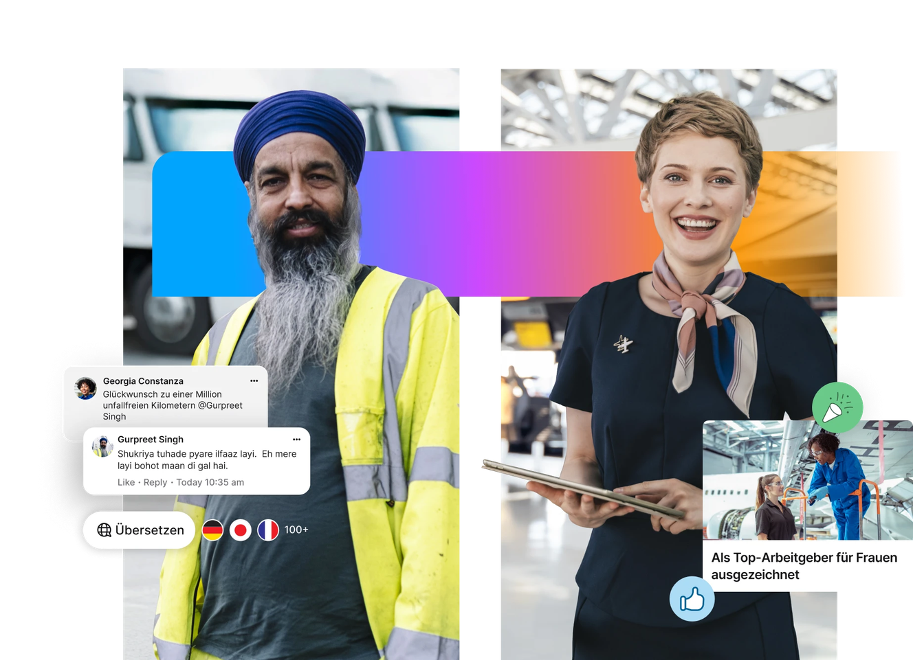 A smiling man in a turban and safety vest; a woman in a uniform holding a tablet. Text bubbles and icons are displayed around them.