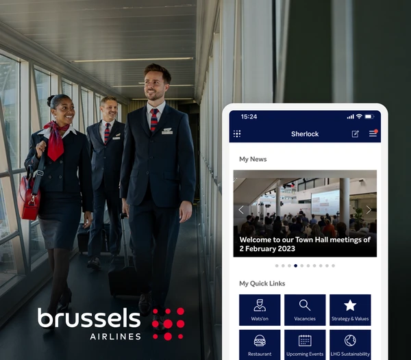 brussels airlines flight attendants walking with a mobile app visible