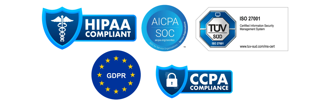 Various compliance badges, including HIPAA, AICPA SOC, ISO 27001, GDPR, and CCPA, indicating data security and privacy standards.
