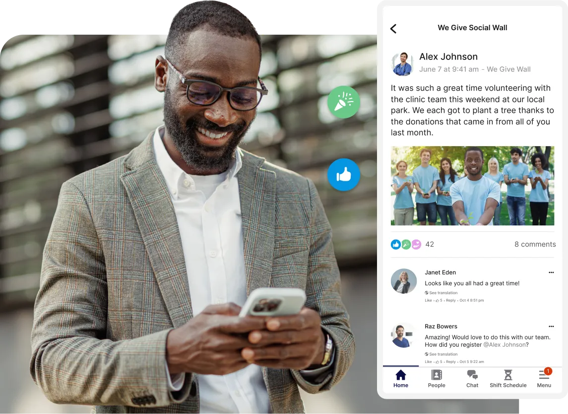 Smiling man in a suit looks at his phone. Beside him, a social media post shows a group volunteering and comments below.