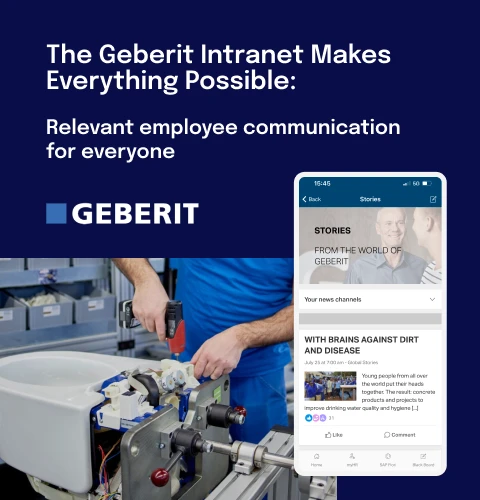 Geberit intranet promotion with a phone displaying news stories and a worker assembling a product.