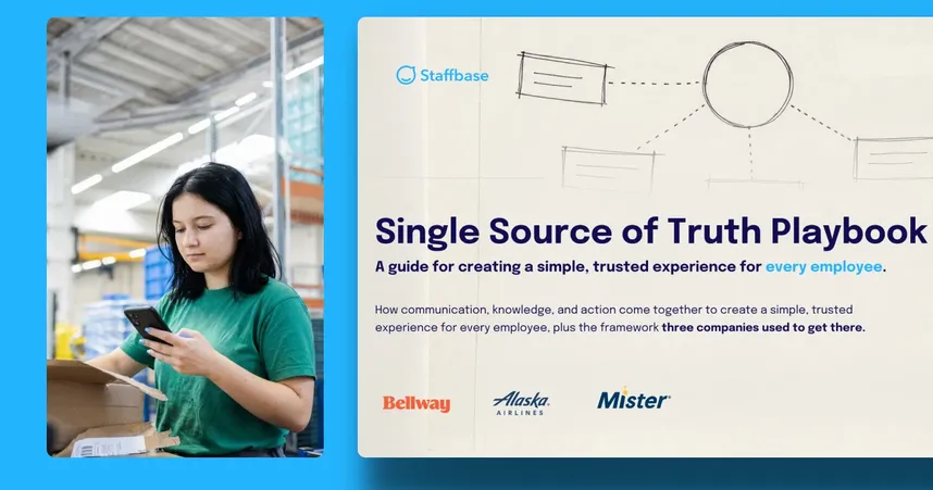 Split hero image: a warehouse worker checking her phone on the left, and the Staffbase "Single Source of Truth" playbook cover on the right, featuring logos from Bentley, Alaska Airlines, and Mister.