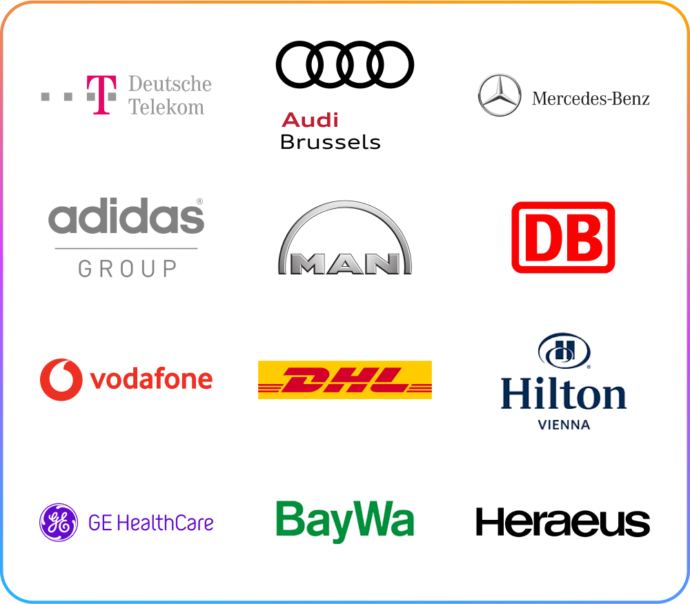 Logos of various companies including Deutsche Telekom, Audi, Mercedes-Benz, Adidas, MAN, DB, Vodafone, DHL, Hilton, GE Healthcare, BayWa, and Heraeus.