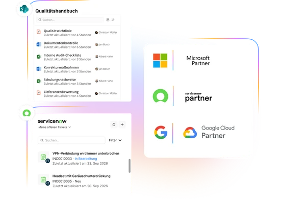 Darstellung von Integrationen in die Plattform, aufgeteilt in drei Kacheln. Links oben: Suche im "Qualitätshandbuch" mit Dokumenten wie "Qualitätsrichtlinie" und "Schulungsnachweise". Links unten: ServiceNow-Widget mit offenen Tickets (z. B. "VPN-Verbindung wird immer unterbrochen"). Rechts: Logos der Technologiepartner Microsoft Partner, ServiceNow Partner und Google Cloud Partner.