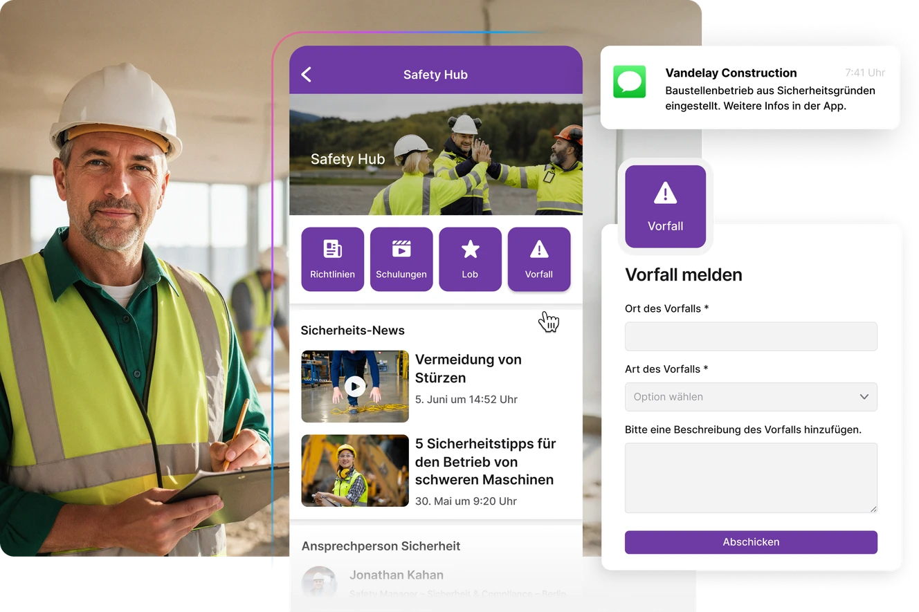 Sicherheits-Dashboard mit Vorfallmeldung und Sicherheitsinformationen auf dem Smartphone.