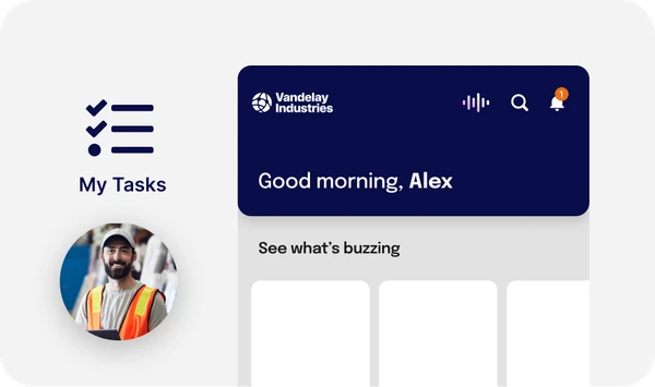 Dashboard interface showing "Good morning, Alex" with a profile picture, task list icon, and notification alert.