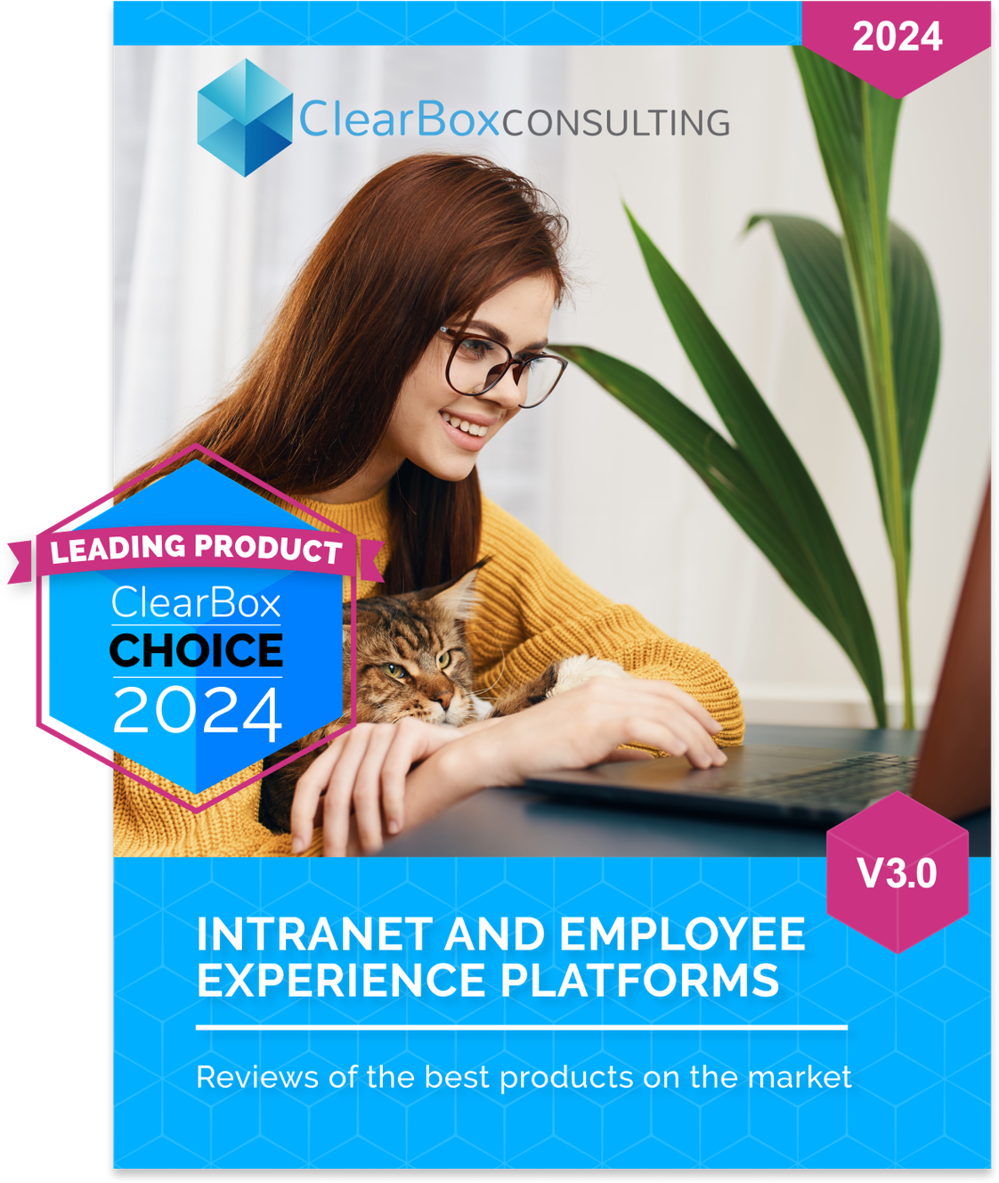 Woman in glasses using a laptop with a cat on her lap, next to a 2024 award badge for ClearBox Consulting's intranet platforms.