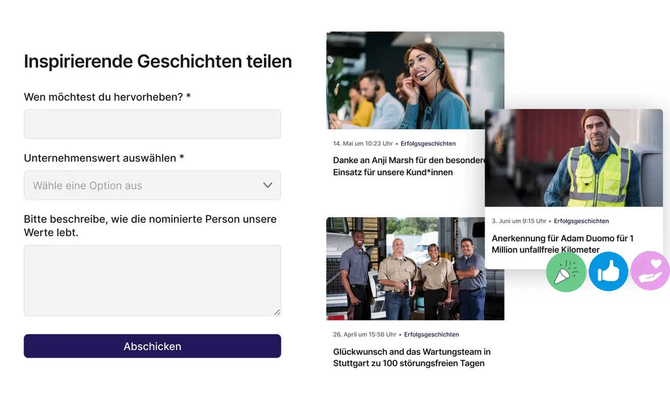 A form for submitting inspiring stories and three images of employees being recognized for their achievements with dates and descriptions.