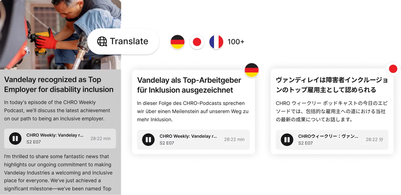 A person using a tablet with translation options in multiple languages, displaying text about Vandelay's recognition as a top employer for inclusion.