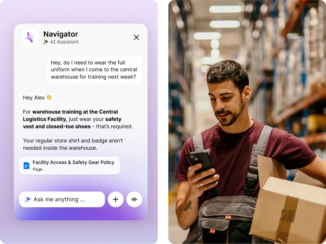 AI assistant screen next to a man in a warehouse holding a box and checking his phone.