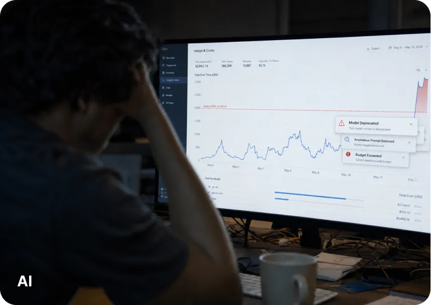 Stressed developer with head in hands facing a monitor showing an AI usage and cost dashboard with a spiking spend chart, a budget-exceeded alert, a model-deprecated warning, and an anomalous-prompt flag