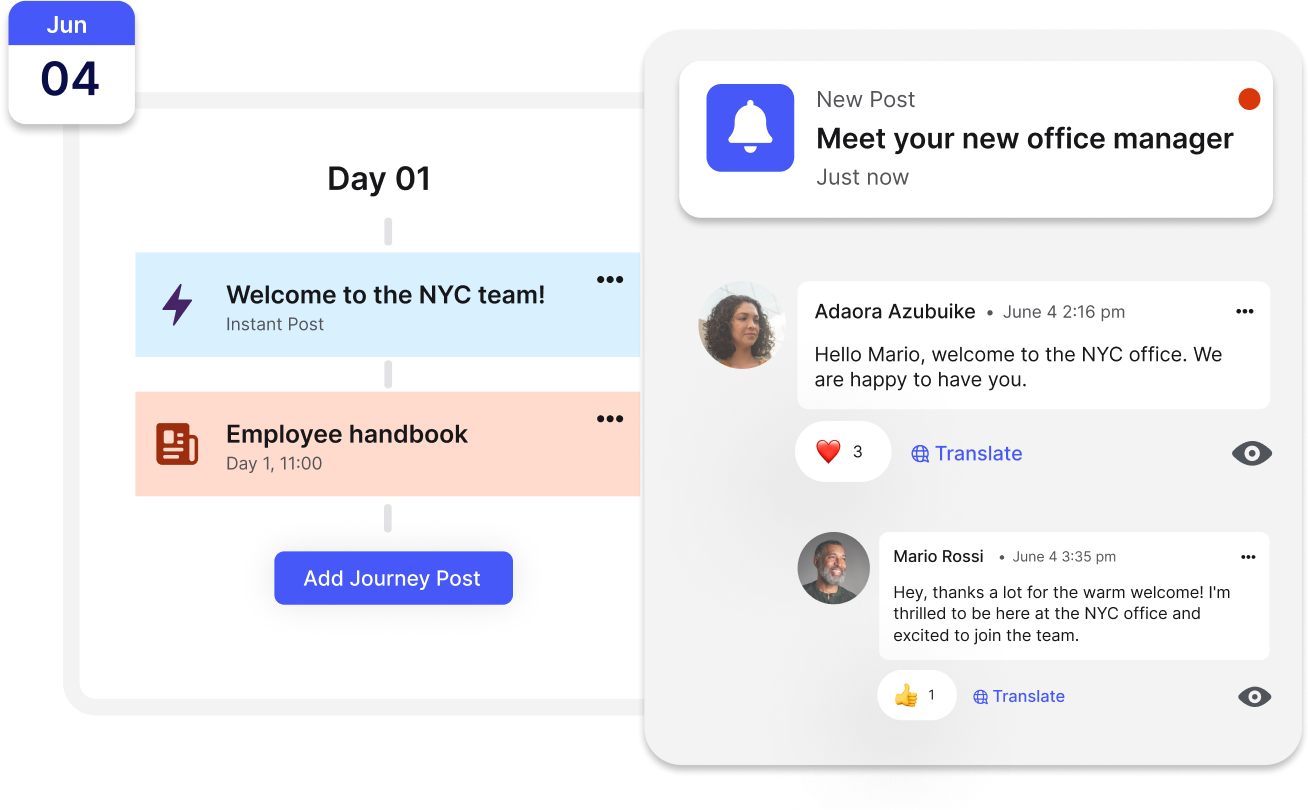 A digital interface showing a timeline with posts, including a welcome message for a new office manager and employee interactions.