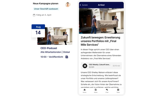 Split-screen image: Left shows a calendar event and podcast details; right shows a podcast article with movers carrying a couch.