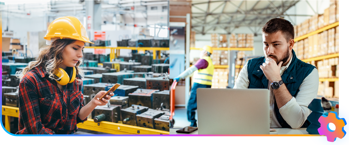 A woman in a hard hat checks her phone in a factory, while a man works on a laptop in a warehouse.