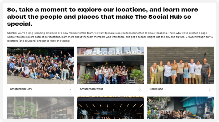 Collage of group photos from The Social Hub locations: Amsterdam City, Amsterdam West, and Barcelona, with people posing and smiling.
