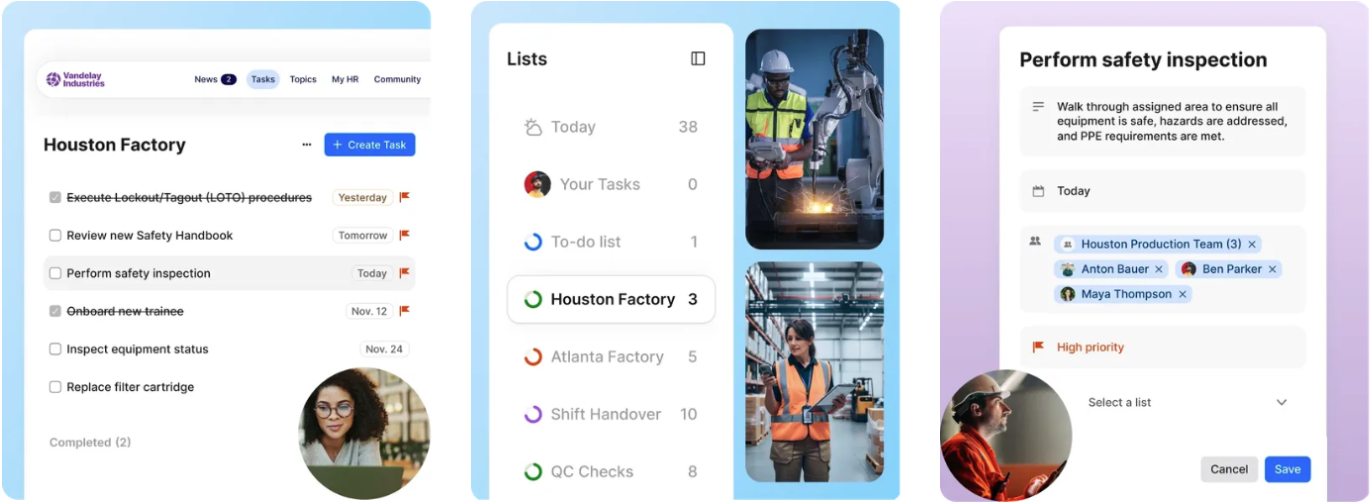 Employee app interface showing tasks, lists, and safety inspections with diverse employees in work settings.