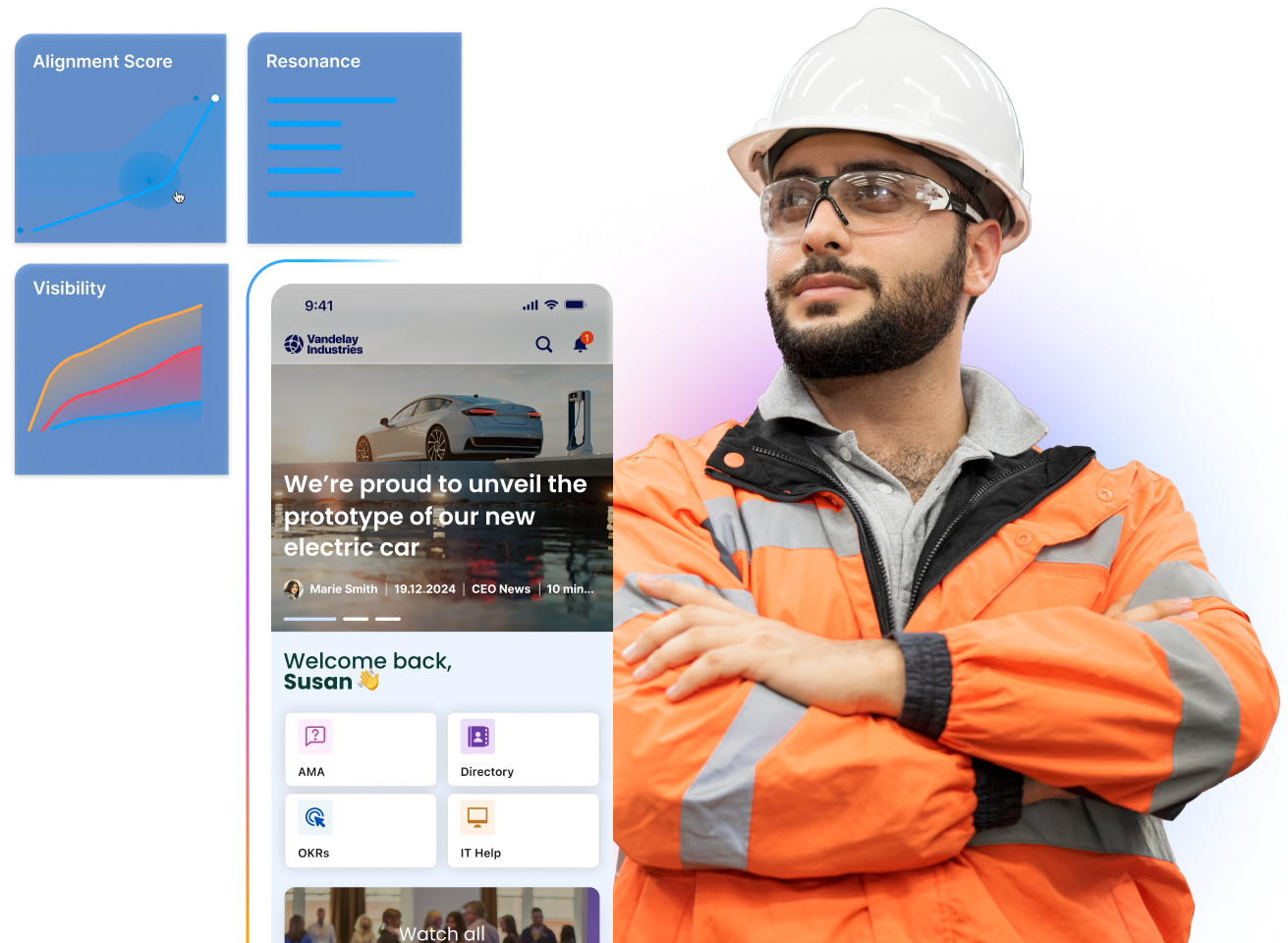 A construction worker in a hard hat and safety jacket stands confidently. Behind him are digital graphics and a smartphone displaying an app.