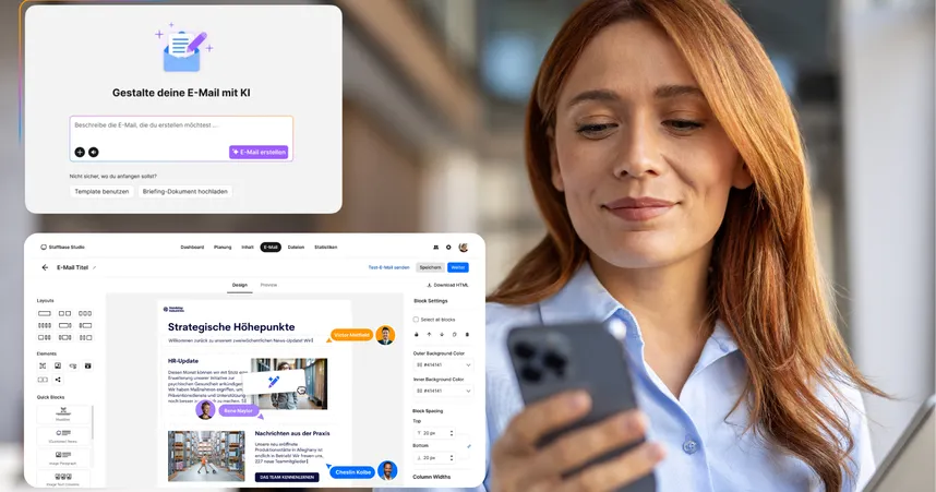 Bild zeigt eine Frau, die auf ihr Smartphone schaut, kombiniert mit einer Oberfläche zur KI-gestützten E-Mail-Erstellung. Zu sehen ist ein Eingabefeld zur Generierung von E-Mails, Optionen für Vorlagen oder das Hochladen eines Briefings sowie ein Drag-and-Drop-Editor mit anpassbaren Layouts, Inhaltsblöcken und Design-Einstellungen. Die Darstellung veranschaulicht die Erstellung und Bearbeitung von E-Mails mit Unterstützung von KI in einer professionellen Kommunikationsplattform.