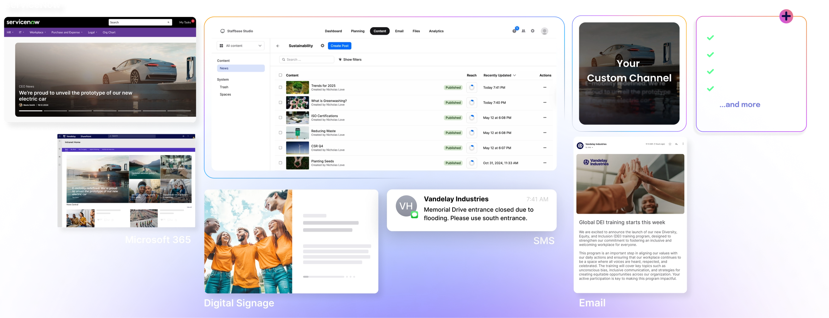 Collage of digital communication platforms, including Microsoft 365, digital signage, SMS, email, and a custom channel interface.