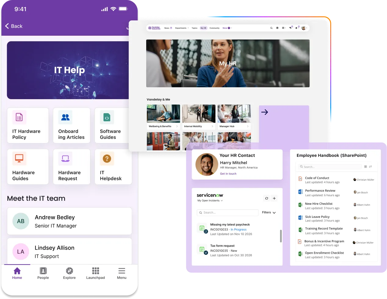 Collage of IT help interfaces on devices, showing help resources, team contact info, and employee handbook sections.