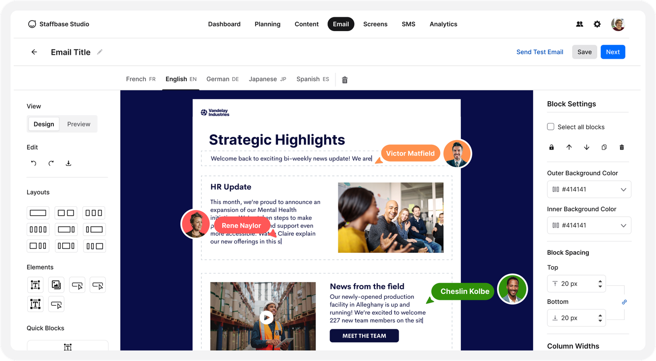 Staffbase Email Preview with multiple users editing in real time.