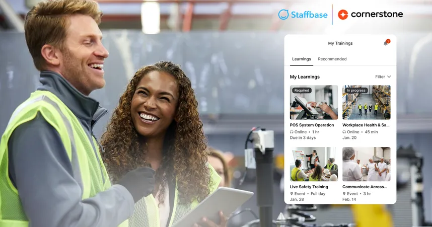 Staffbase and Cornerstone integration featuring product image and two construction workers