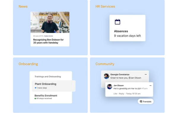 Dashboard with sections: News, HR Services, Onboarding, and Community. Features employee recognition, vacation days, onboarding tasks, and comments.