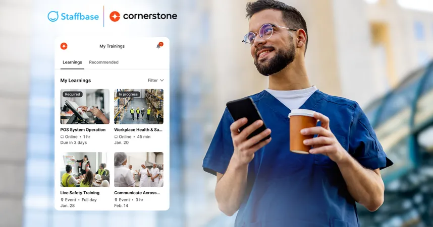 Staffbase and Cornerstone partnership image featuring medical worker on a mobile device