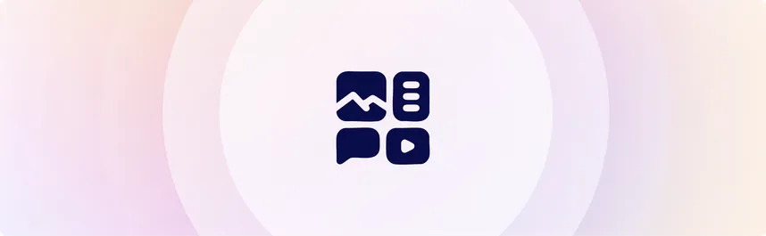 Icons of a mountain, list, speech bubble, and play button in dark blue on a soft gradient background.