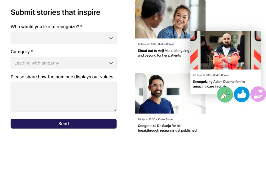 Split screen showing a form to submit inspiring stories on the left, and three recognition posts with healthcare professionals on the right.