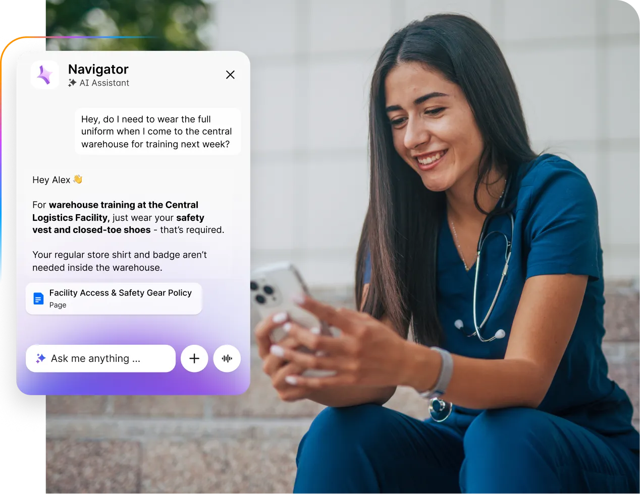 Smiling woman in scrubs using phone with AI assistant chat about warehouse training requirements displayed on screen.