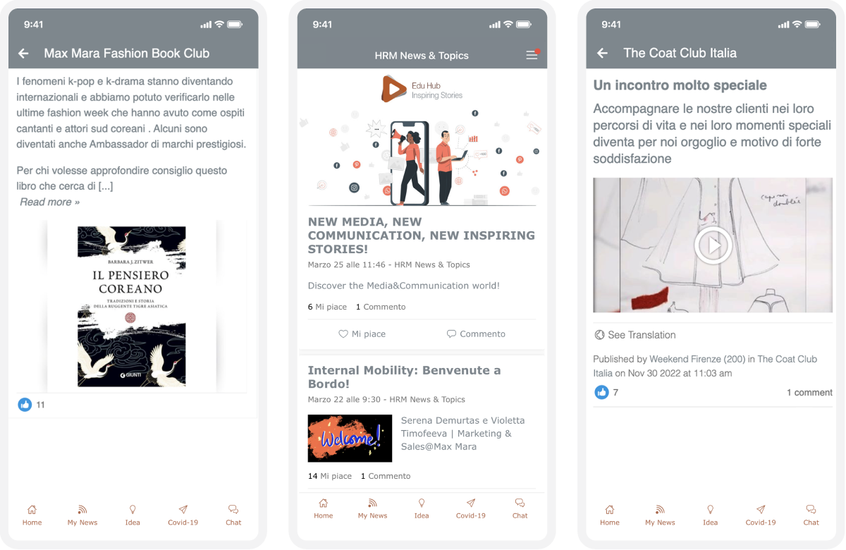 Three mobile screens showing social media posts: a book club, new media stories, and a special meeting announcement with related images and text. E,ployee app.