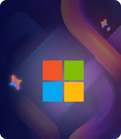Colorful Microsoft logo on a dark, abstract background with swirling patterns and star-like accents.
