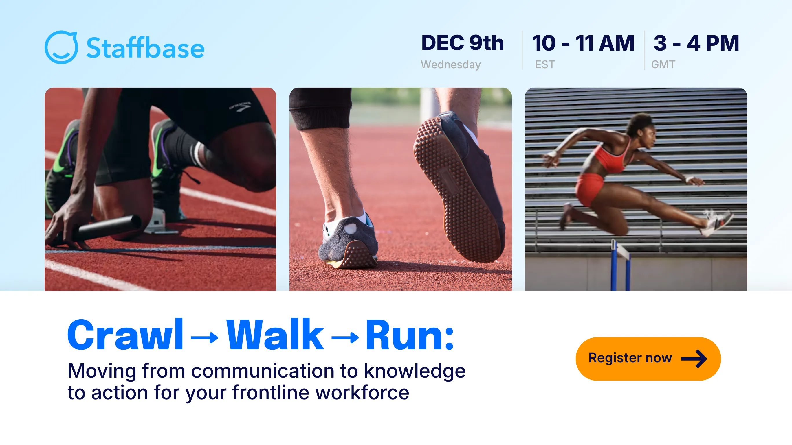 Staffbase webinar banner for Crawl → Walk → Run on Dec 9 with three track athletes: a sprinter at the starting block, a runner mid-stride, and a hurdler.